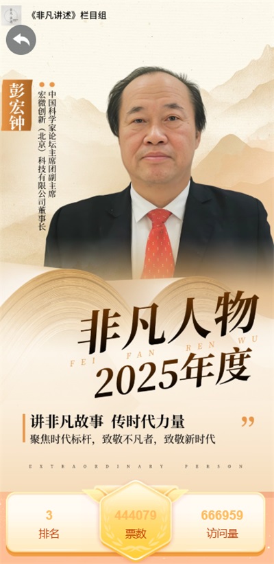 【诺贝尔奖孵化中心会客厅】-【热烈祝贺中促会诺奖专委会主任彭宏钟院士荣获2025年度“非凡人物”投票评选活动第三名】